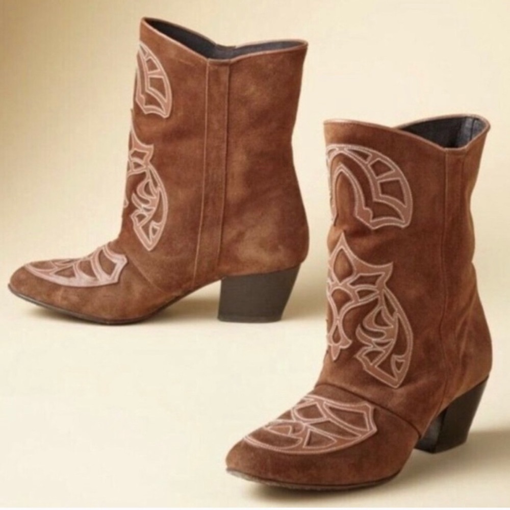 Sundance Brown Suede Embroidered Heeled Boots